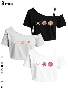 Trendy 3 Pack Women's Tropical Print Off Shoulder Crop Tops, Short Sleeve Slim Fit Tees, Starfish Seashell Hibiscus Graphic Tops, Y2K Streetwear for Coachella Music Festival, TikTok Viral Summer Party Tops, Multi Color Available