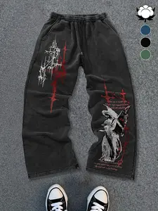Unisex Washed Cotton Vintage American Style Sport Pants, Angel Print, Elastic Waist, Camouflage Print, Casual Streetwear, All Seasons, Athleisure Bottoms