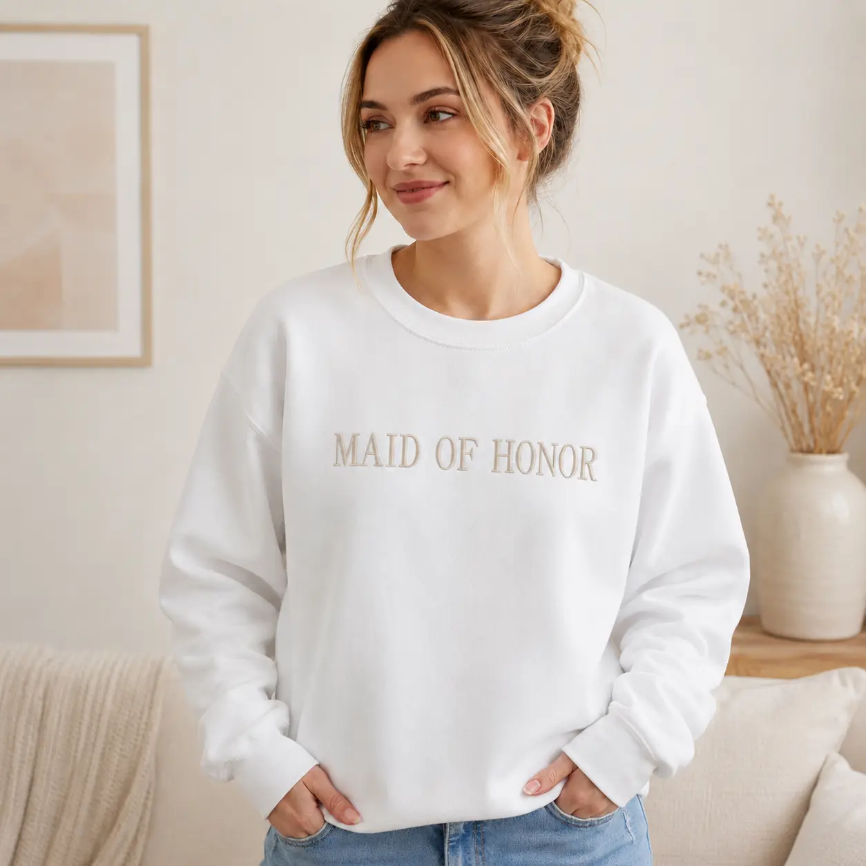 Embroidered Maid of Honor Crewneck Sweatshirt, Bride Sweatshirt, Maid of Honor Sweatshirt, Bridesmaid Gift