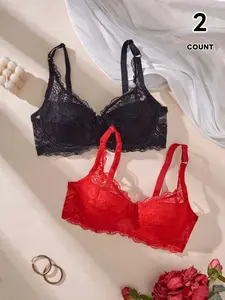 2 Pack Women's Floral Lace Underwire Bra Buckle, Lace Bras Sexy Semi-Sheer Comfort Fit Lingerie Underwear, Elegant Design for Everyday Wear
