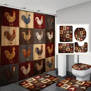 Chicken Grid Print Shower Curtain Set, 1pc/4pc Bathroom Accessories, Includes 12 Hooks, Non-Slip Mat, U-Shaped Floor Mat, Home Decoration