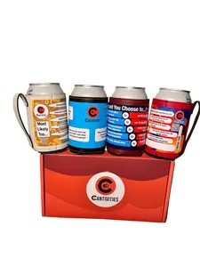 Cantivities Party Pack Drinkware - Four Koozies with 16 Game Magnets for Get to Know You Finish the Sentence Most Likely Too Would You Rather Games