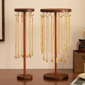 1 Wooden Bead Display Stand with Detachable Hooks, Walnut Desktop Jewelry Storage Box, Suitable for Necklaces, Bracelets, Bangles, Hair Ties and Keychains — Perfect for Gemstores & Home Use