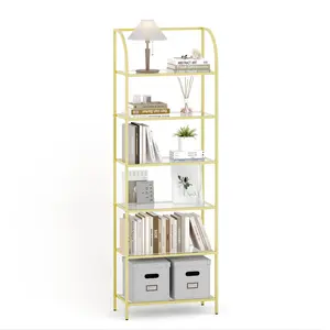 Bookcase Bookshelf, Tempered Glass Arched Bookshelf for More Storage, Slim Shelving Unit for Bedroom, Bathroom, Home Office, Steel Frame