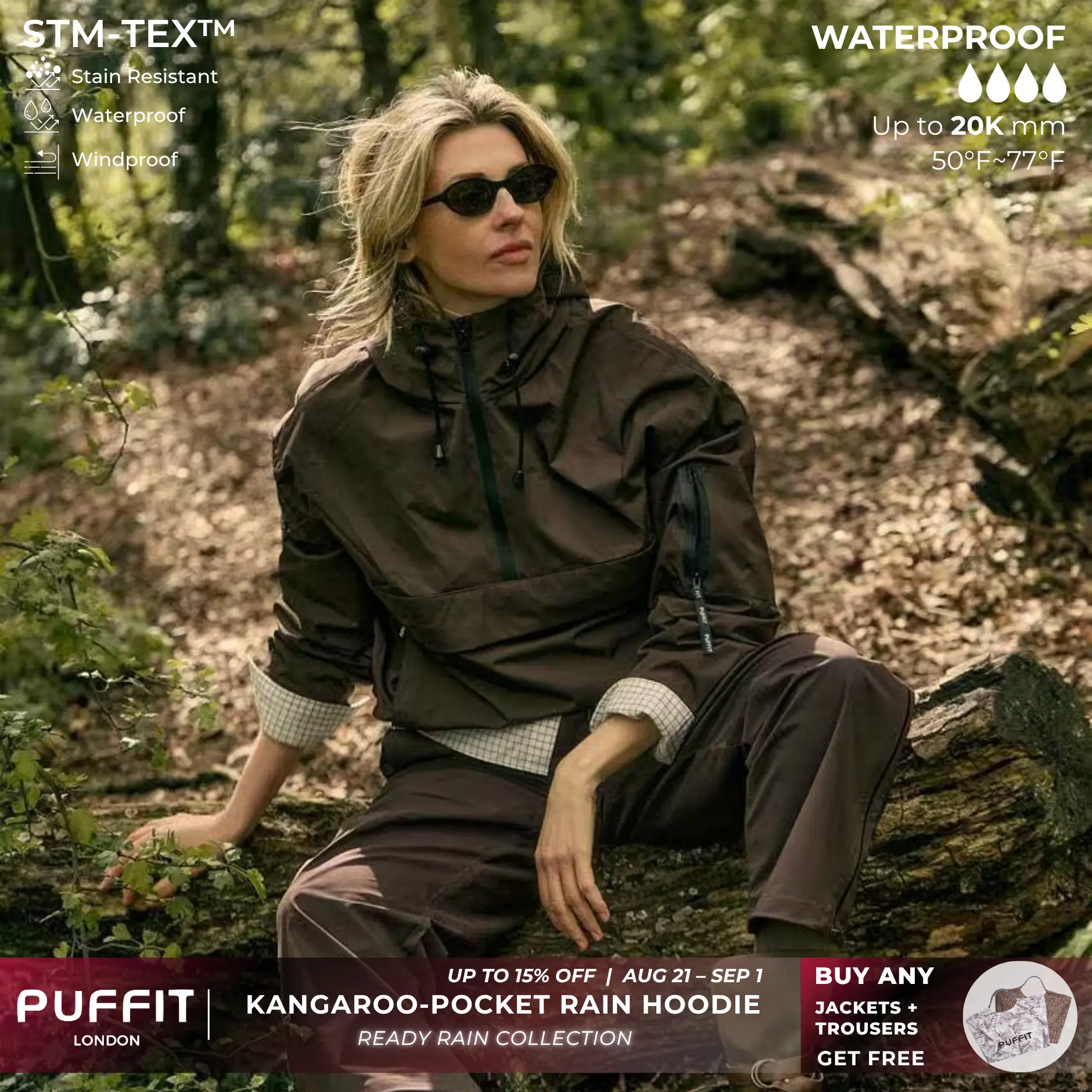 【Restocked】PUFFIT STM-TEX Waterproof Relaxed Fit Hoodie Coat Warm Half Zip Rain Jacket With Adjustable Waist,Hood & Cuffs,Large Kangaroo Pocket,Shell Jacket,Ski Jacket,Windbreaker,Fall&Winter Jacket ,Dog Walking,School Running,Womenswear,2026 Shopping