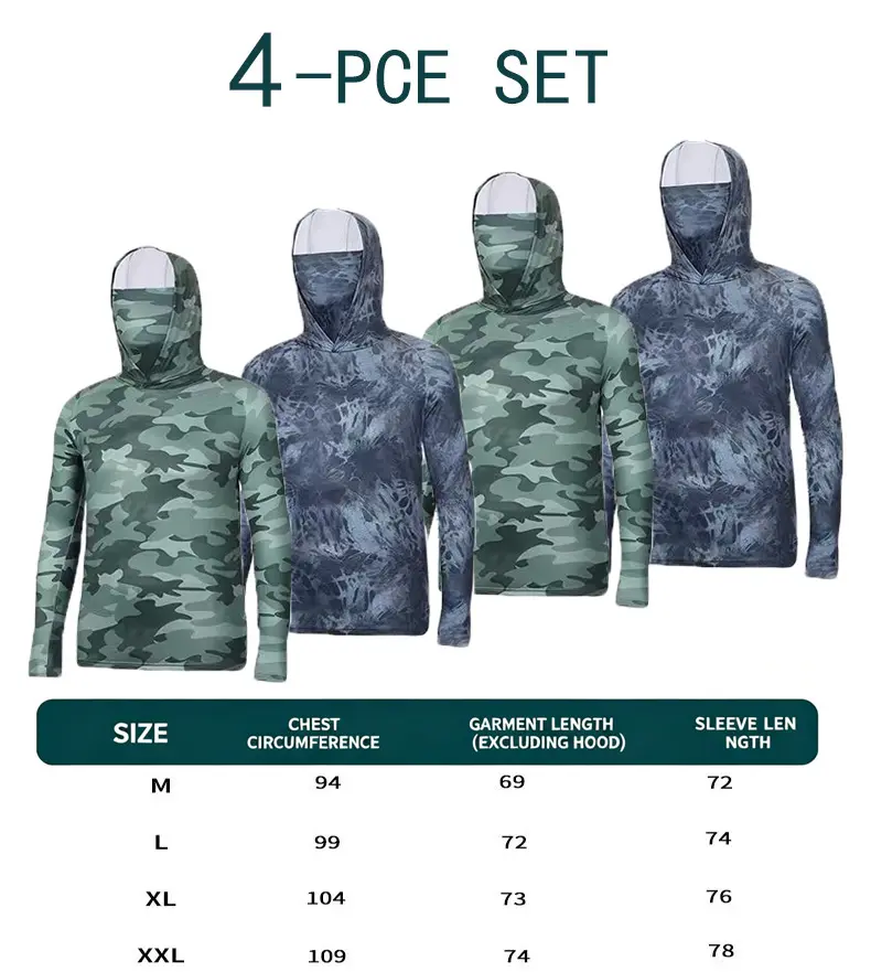 Men's 4-Piece Active Sportswear Set - Breathable, Anti-UV, Fast-Drying Camouflage Graphic Sweatshirts with Face Mask, Sun Protection, for Fitness, Running, Fishing, Breathable Anti-Uv Men's Sweatshirts, Camouflage Graphic Men's Sweatshirts Athletic Wear A