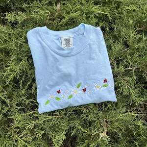 Ladybug Flowers Embroidered T-Shirt Comfort Colors Flowers Floral Spring Embroidery Top Womenswear Blue Summer Tshirt