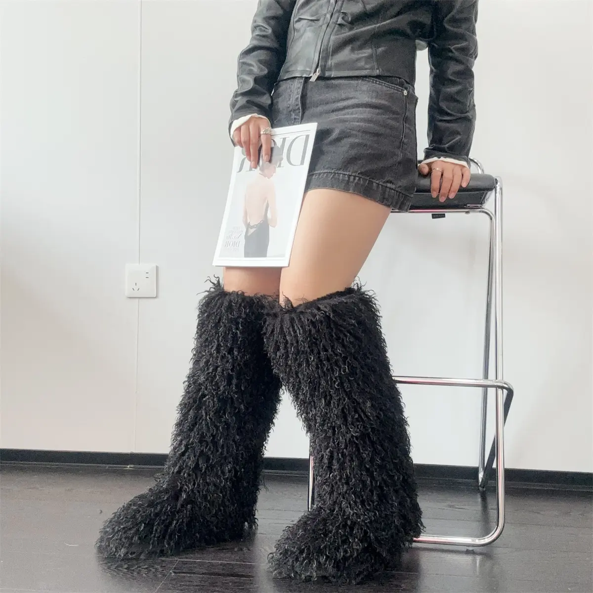 Black imitation Tan sheep knee high boot