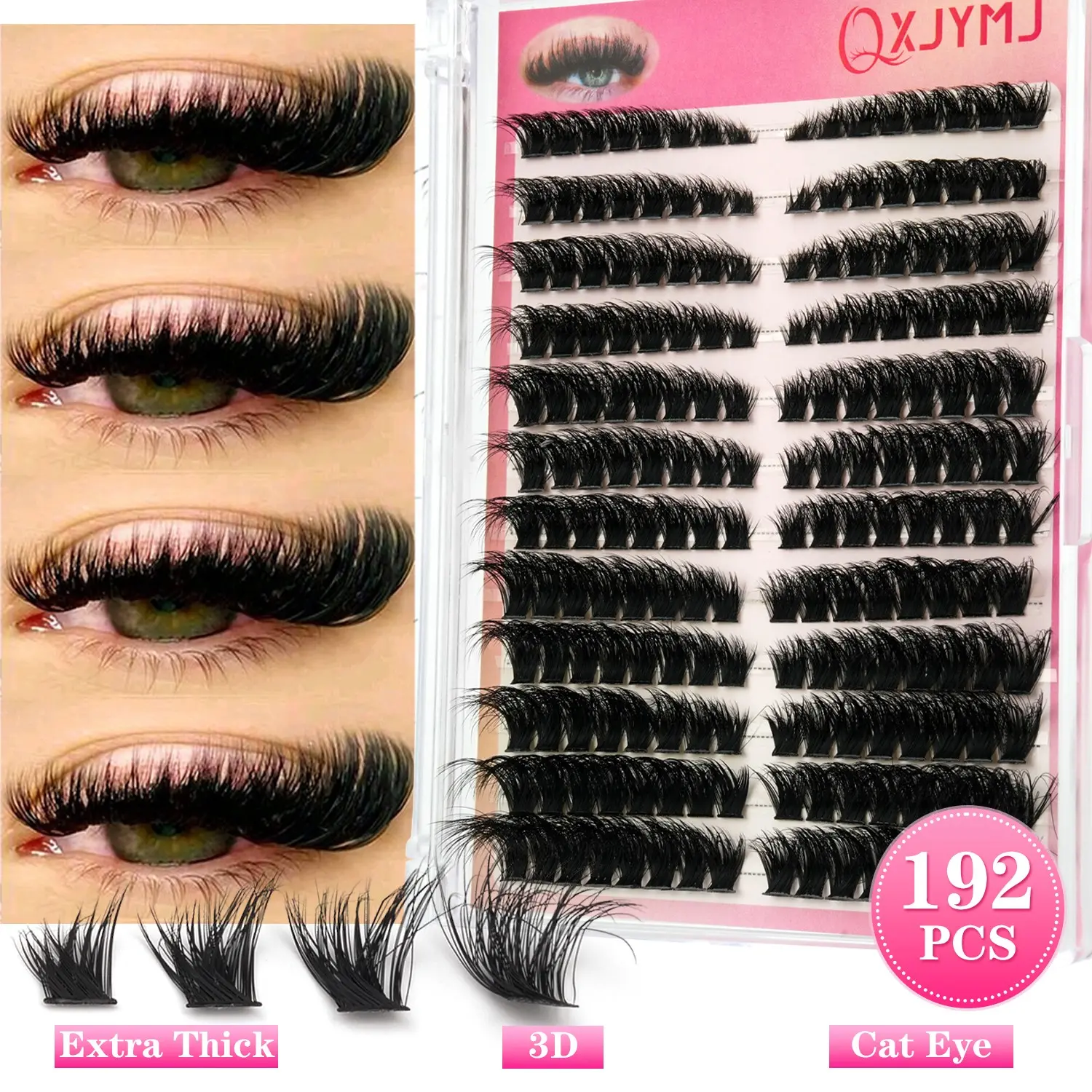 192pcs Personal Eyelash Extensions D Curl Wide Rod DIY Cluster Lashes Natural Look Reusable Lashes Kit for Home Travel Wedding Date Party Festival Spring DIY Eyelash Clusters