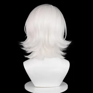 Anime Short Straight White Synthetic Cosplay Wig with Bangs Fluffy Game Men Heat Resistant Wig for Daily Party Wigs