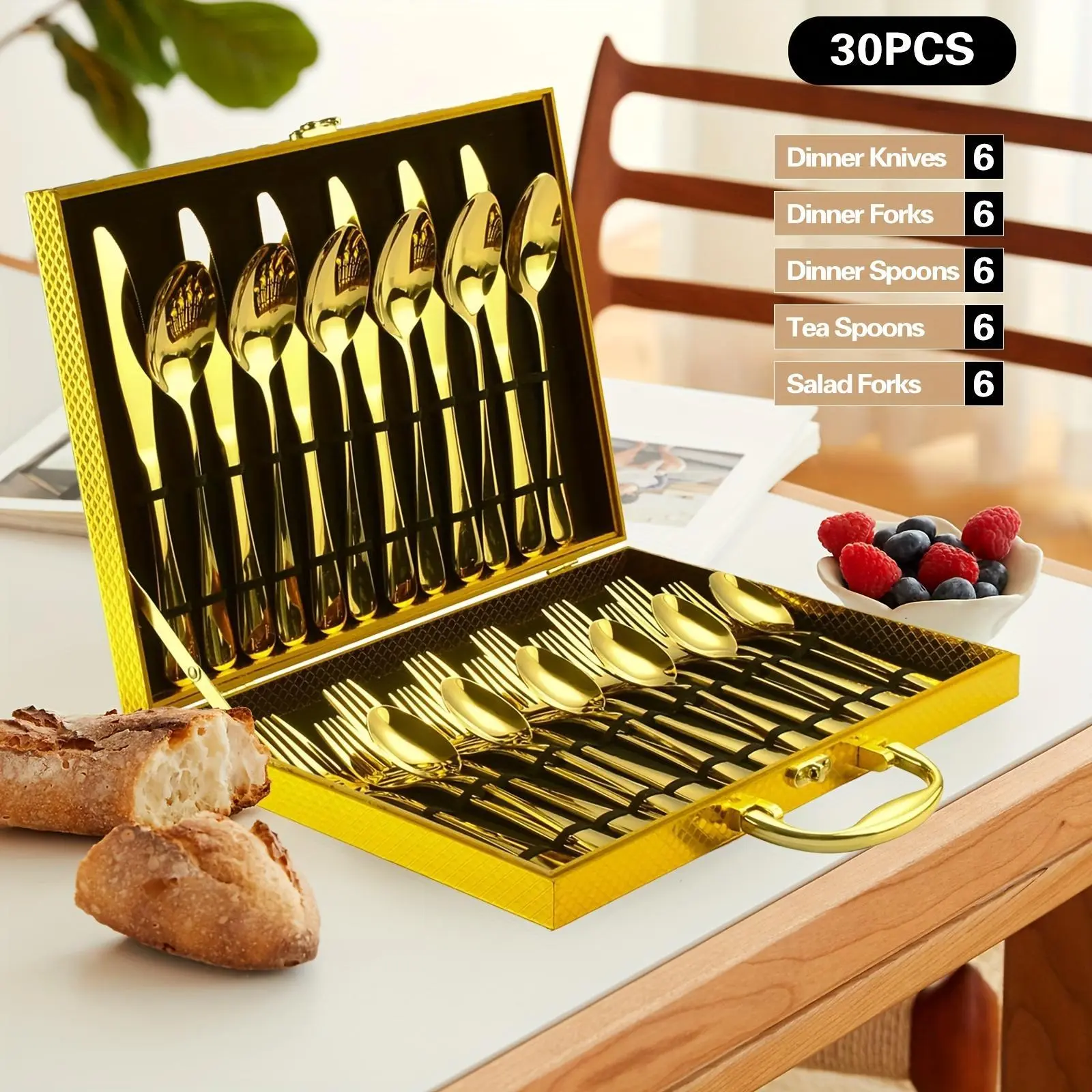 【2026 Upgrade】30-Piece Deluxe Golden Stainless Steel Flatware Set, BPA-Safe, Heat-Resistant, Modern Mirror-Polished Cutlery for 6 People (Knives, Forks, Spoons) with Exquisite Wooden Gift Box, Ideal for Wedding Dinner, Business Gifts