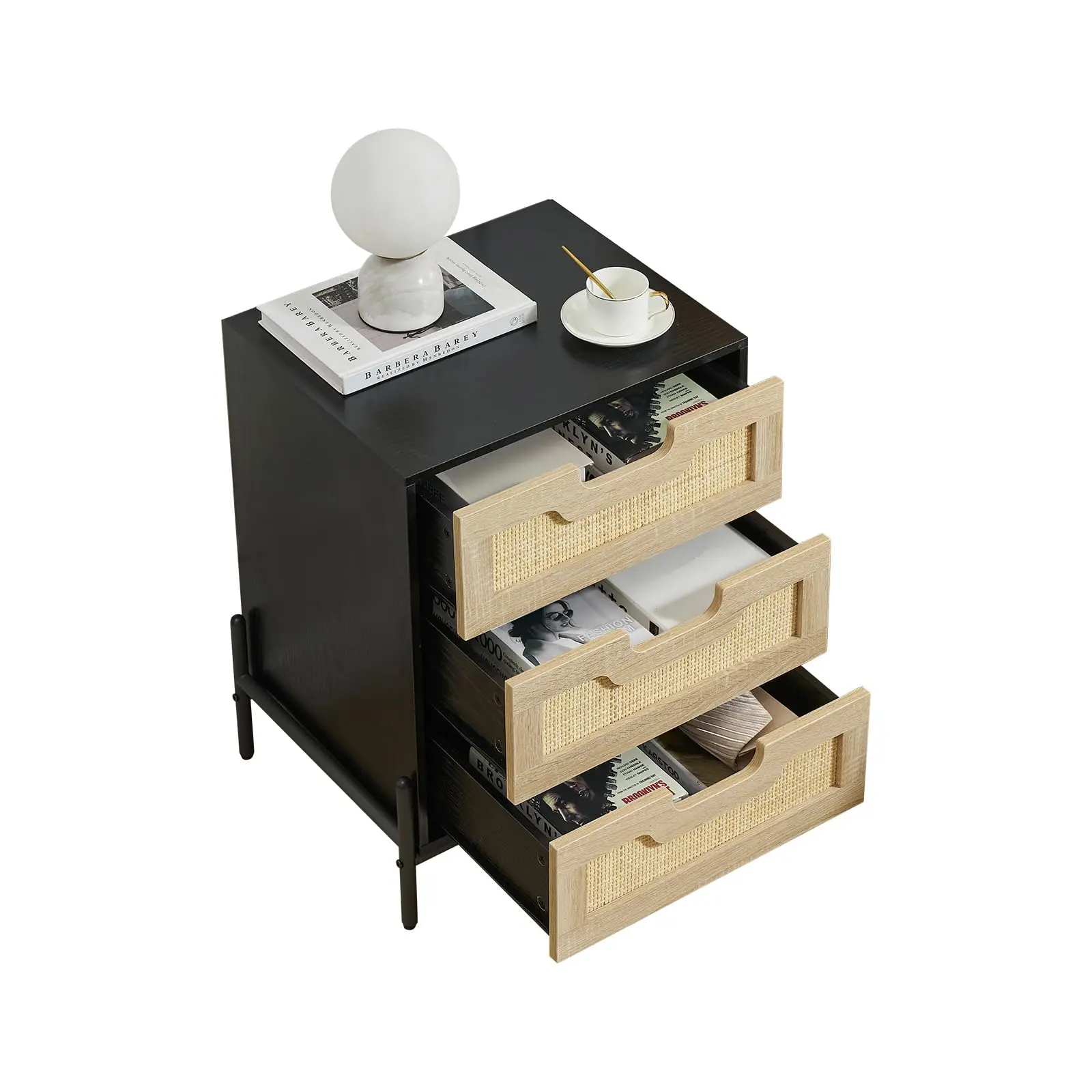 Garvee Rattan Nightstand with 3 Drawers, Space-Saving Nightstand, Nightstand for Living Room, Bedroom, Study, 48 x 40 x 64 cm, Black