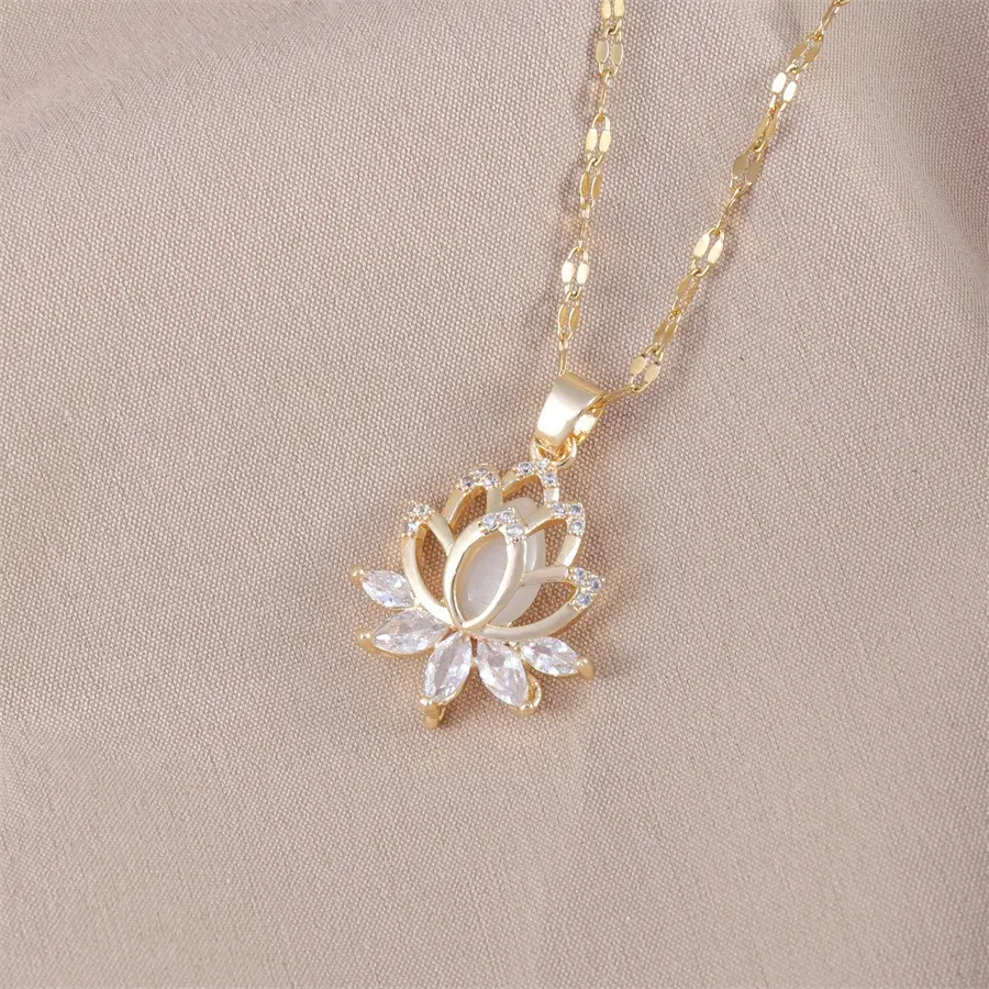 Women's Long-Length Lotus Flower Gold Necklace - Whimsical Costume Jewelry with Sparkling Cubic Stone Petal Pendant, Accessories for Adulting Women, Romantic GF Gift for Daily & Formal Occasions, Gifts For Adulting Women