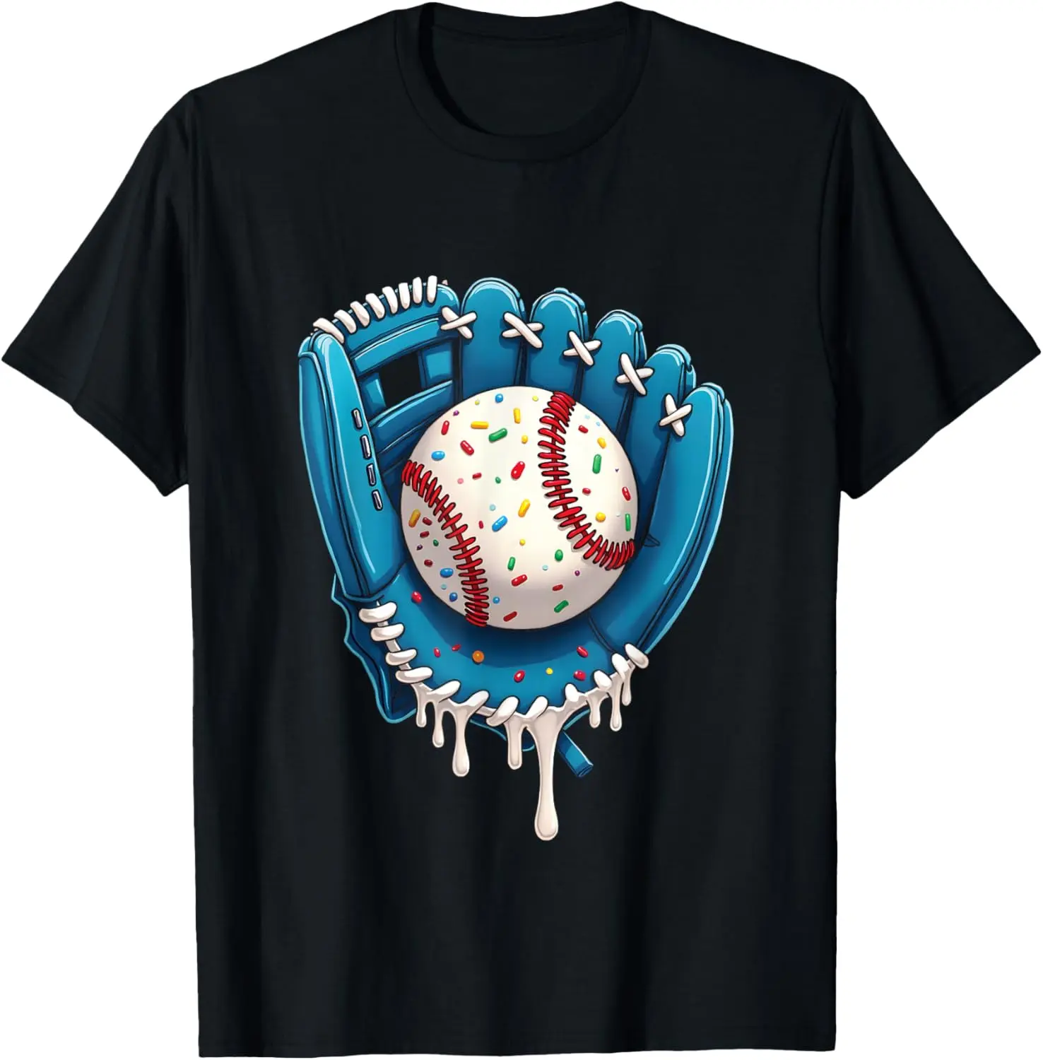 Baseball Drip Ice Cream Sprinkles Baseball Glove Crewneck T-Shirt - Heavy Cotton Casual Graphic Shirt, True Size Graphic Print Tee for Men, Youth, Classic Fit, Cartoon Print Tee