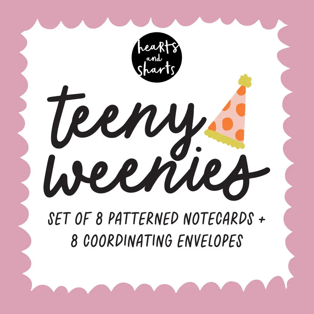 BIRTHDAY TEENY WEENIES -  8 SMALL NOTECARDS + 8 COORDINATING, SEALING, 2X2 ENVELOPES