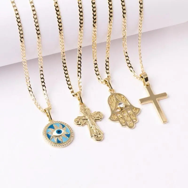 14K Gold Plated 2mm Cuban Link Necklace with Religious Charm Pendant 18” & 22”