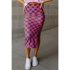 Checkered Print Side Slit High Waist Midi Skirt