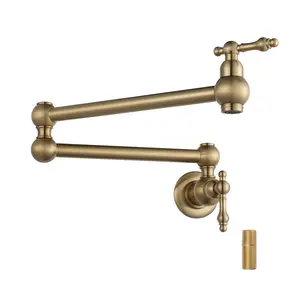 WOWOW Gold Pot Filler Faucet, Wall Mount Copper Folding Faucet 2 Handle with Double Joint Swing Arms, Single Hole Brass Commercial Kitchen Faucet Over Stove
