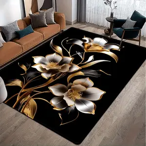 Luxury 2D Gold Silver Flower Flannel Area Rug - Black Background Floral Print Soft Mat for Living Room & Bedroom, Non-Slip Glam Home Decor #GoldSilverFlowerRug #2DFloralMat #GlamHomeDecor #LuxuryBlackCarpet #NonSlipFlannelRug