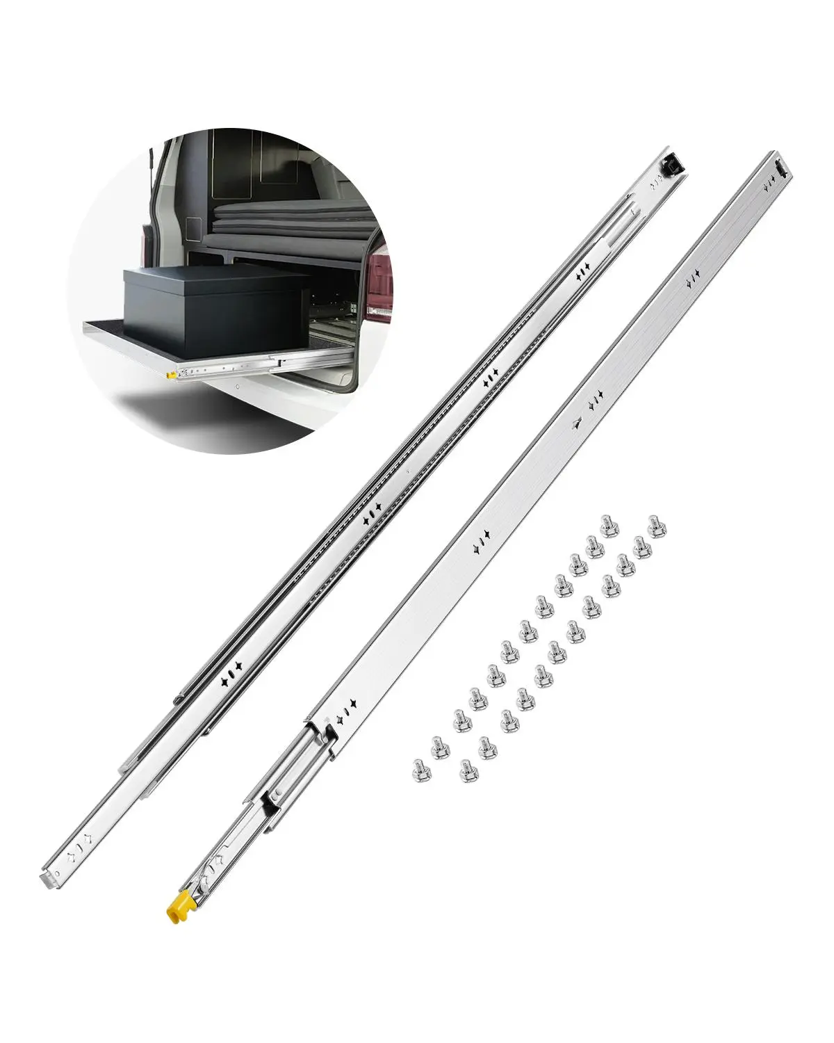 KFFKFF Heavy Duty Hardware Drawer Slides (2-Piece), 16-60 in Sizes, 0.77 in High-Hardness Galvanized Square Steel 3-Fold Ball Bearing Side Mount, 250 lbs Weight Limit, Locking Mechanism for Furniture, Closet Storage