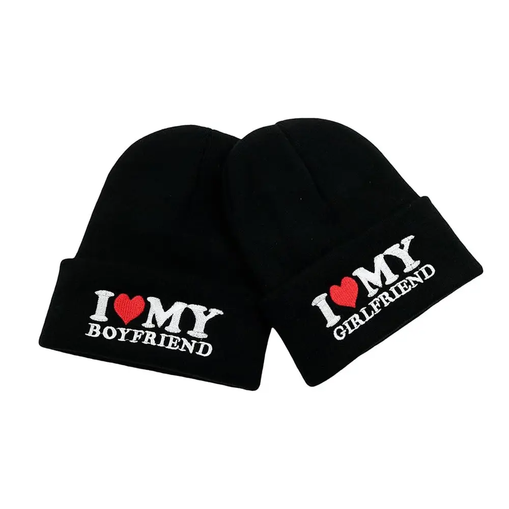 Heart My Boyfriend Girlfriend Beanie Matching Beanie for Valentine Black Hat, Couple Beanie