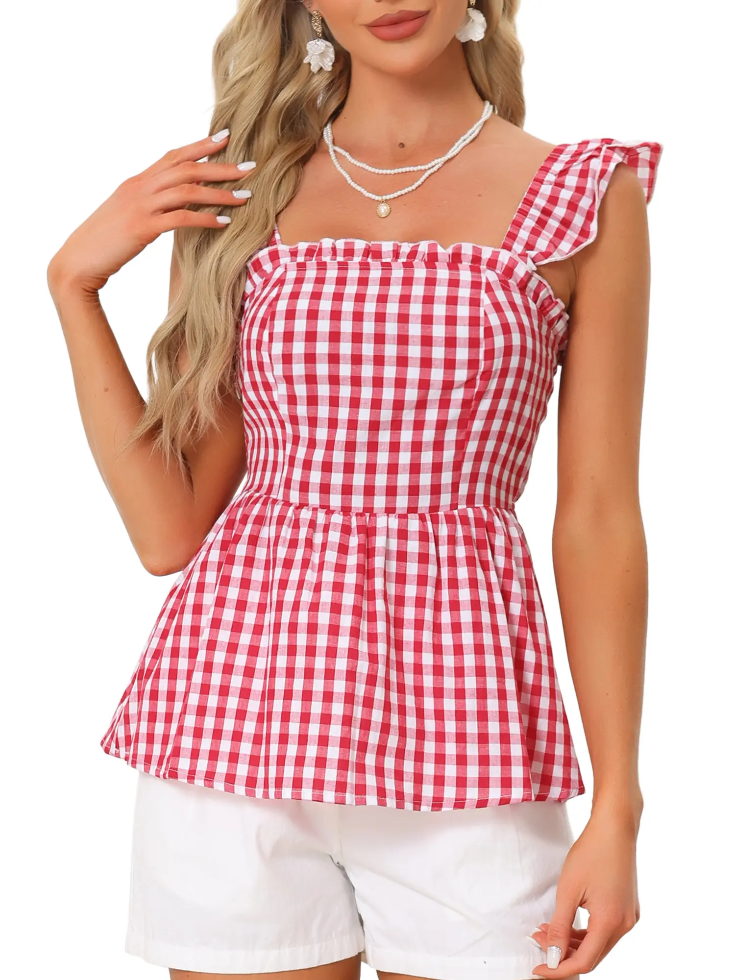 INSPIRE CHIC Summer Square Neck Sleeveless Plaid Blouse Gingham Peplum Top