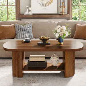 LITTLE TREE Oval Coffee Table, Mid-Century 2-Tier Coffee Table with Storage Shelf, Modern 45.27" Accent Center Table with Wooden Dual Base for Living Room Bedroom Apartment