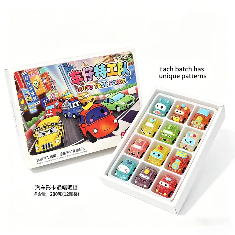 Auto Task Force Car Shaped Gummy Candy 12pcs - Cute Cartoon Vehicle Jelly Sweets for Kids Birthday Party, Creative Handmade Soft Candy Gift Box, Fruity Flavor, Perfect for Toddlers & Candy Lovers