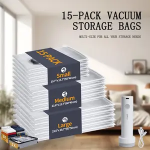 [2026 Upgraded] Cordless Travel Vacuum Bag Set Vacuum Bags for Travel with Rechargeable air Pump, 15 Pack Carry-on Size Compression Packing Bags for Luggage and Suitcase, Space Saver for Clothes and Clothing Travel Zipper Pouches