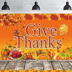 GIVE Thanks Extra Large Fabric Sign Poster Banner Backdrop for Thanksgiving Day Party Decorations with Pattern Pumpkin Maple Leaf Turkey Corn Fruit Welcome Autumn Hang Outdoor Indoor 43.3"x70.8"