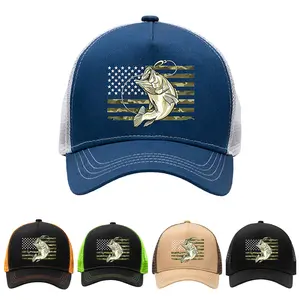 American Flag Fishing Trucker Hat for Men and Women, Patriotic Fish Logo Baseball Cap Adjustable Snapback, Outdoor Sports, 5 Color Options