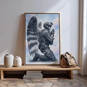 [sale off up to 40%] [Frame Canvas] Patriotic Soldier With Angel Wings Canvas Wall Art, American Flag Print, Military Veterans Framed Home Decor