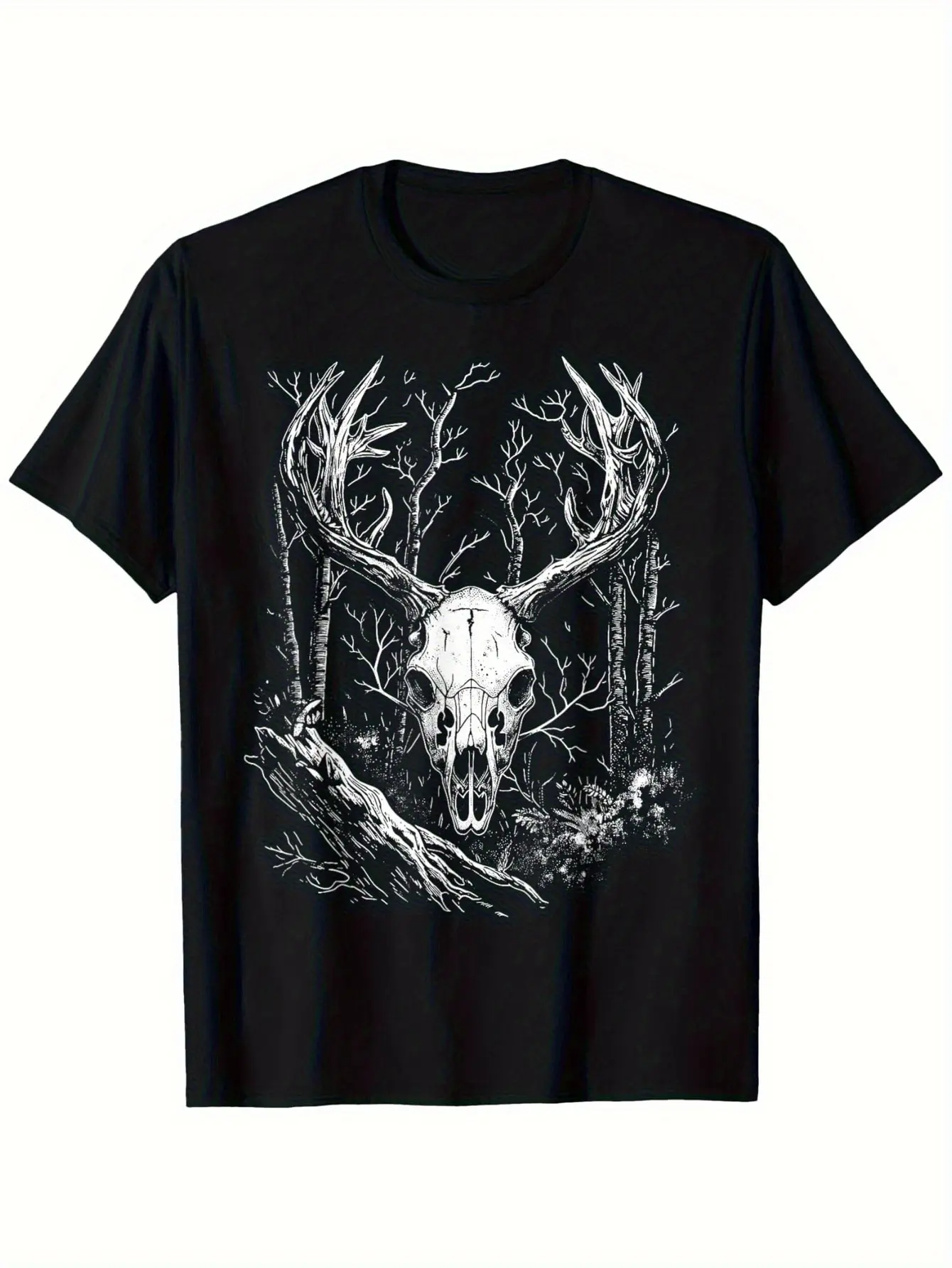 Men'S Forest Spirit Graphic T-Shirt - Gothic Grim Reaper Cabin Design with Deer Skull & Branches, Short Sleeve Crew Neck Casual Tee, Stretch Fabric, Machine Washable, Black, Summer Fashion, Gothic T Shirt