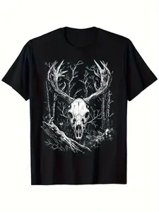 Men'S Forest Spirit Graphic T-Shirt - Gothic Grim Reaper Cabin Design with Deer Skull & Branches, Short Sleeve Crew Neck Casual Tee, Stretch Fabric, Machine Washable, Black, Summer Fashion, Gothic T Shirt