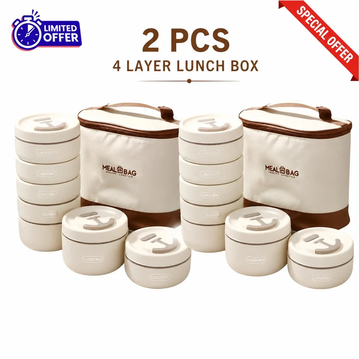 2-Pack 4-Layer 304 Stainless Steel Bento Lunch Box with Insulated Bag, Leakproof Stackable Round Food Containers for Office, School & Travel Disposable Food Storage