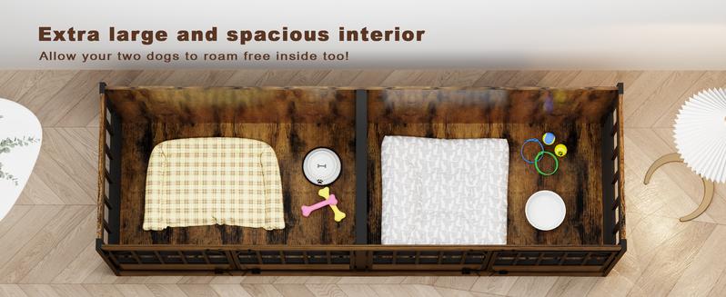 COZPAW 86 Inch Double Dog Crate Furniture for 2 Dogs, Decorative Dog Kennel Indoor TV Stand, Heavy Duty Wooden Dog Cage for Large Medium Dogs Sized Dog Pet House with Divider (Brown)