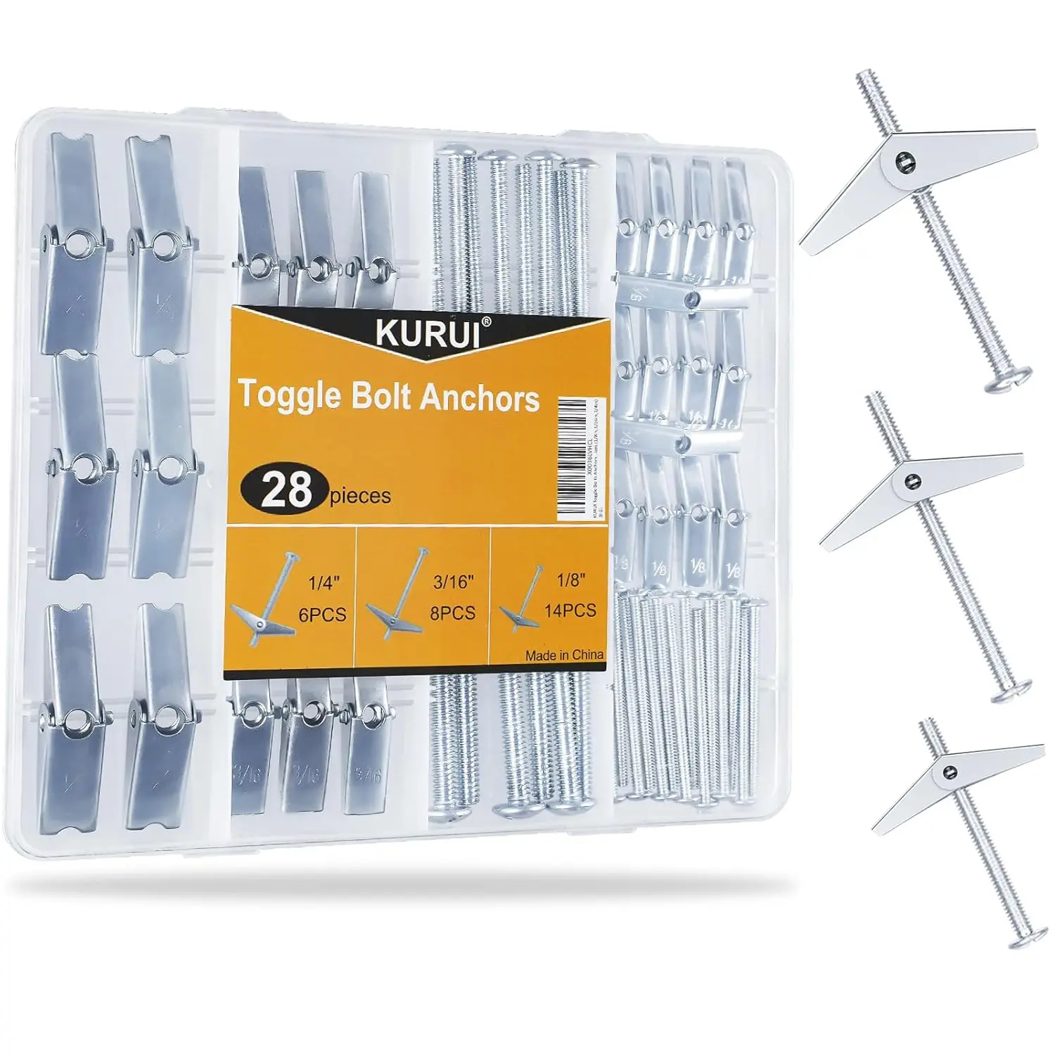28-Pack Industrial & Scientific Heavy-Duty Hollow Wall Toggle Bolt Butterfly Anchor Kit, Metal Assortment with Screws (1/8, 3/16, 1/4 inch Sizes) for Drywall Ceiling Hanging