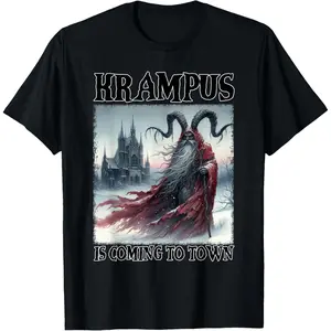 Krampus Is Coming To Town Christmas Horror Holiday Xmas T-Shirt, 100% Cotton, Single Side Printed, Black Short Sleeve T-shirt, 1 pc, Christmas Halloween Thanksgiving Gift