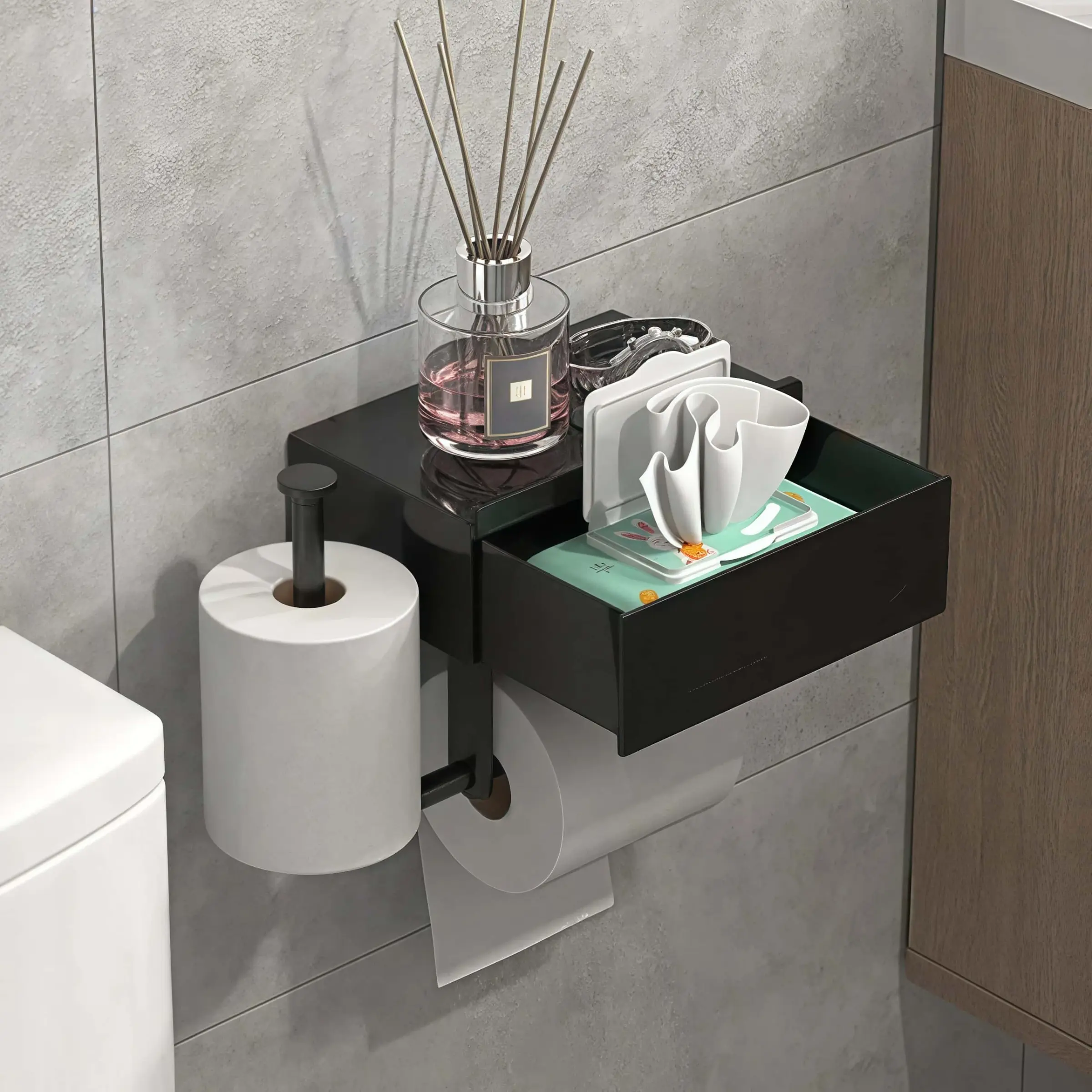 Bathroom Toilet Paper Holder, 1 Count Wall Mounted Punch Free Storage Rack, Waterproof & Rust Proof, Suitable for Bathroom & Toilet, Bathroom Accessories Organizer, Bathroom Gadgets
