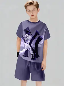 New York Yankees Kids Baseball Pattern Pajama Set, Short Sleeve T-Shirt and Shorts, Suitable for Boys 5-15, Summer Casual Wear