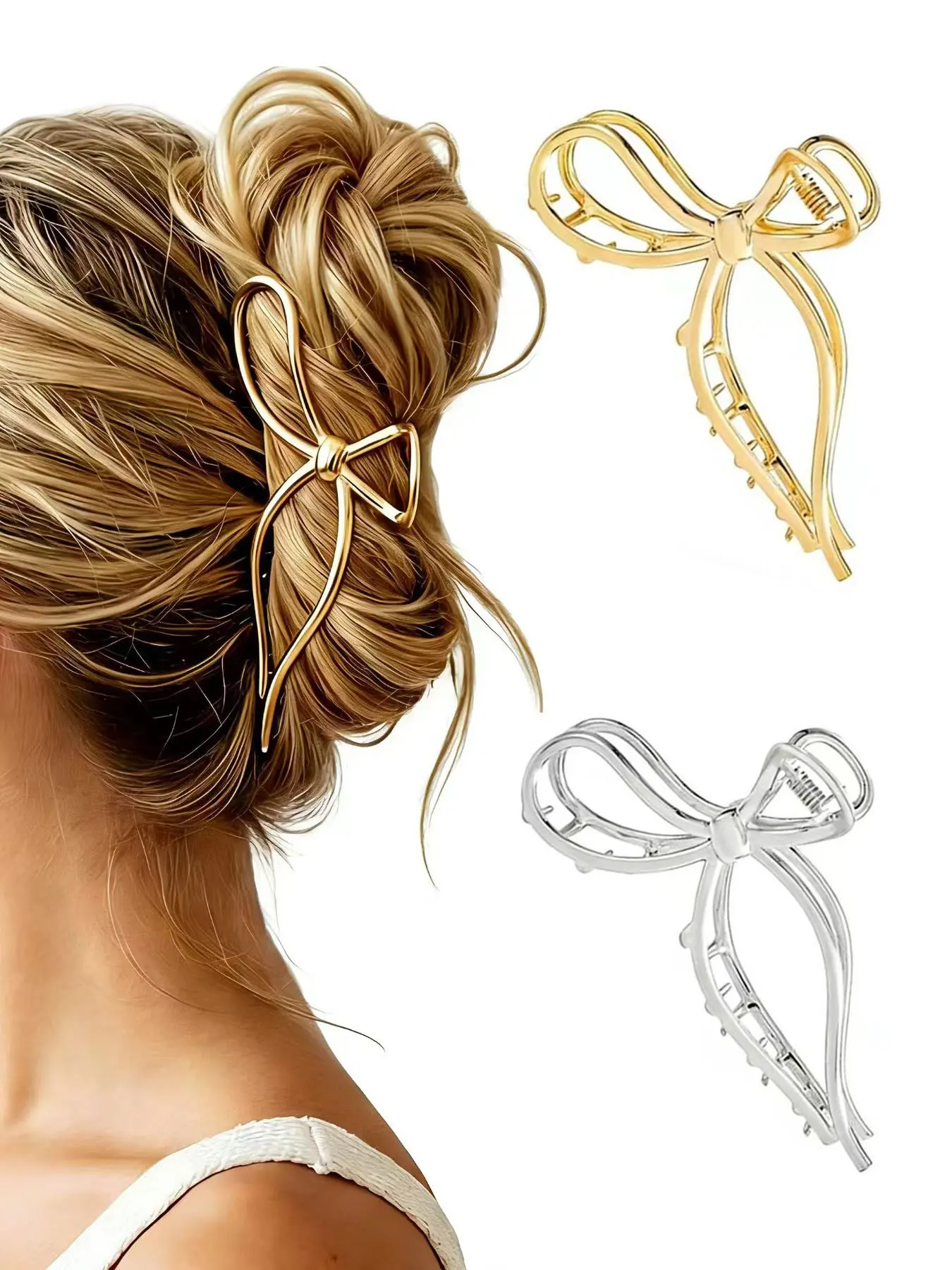 Metallic Bow Decorative Hair Clips (2 Pack), Medium Metal Hair Claws Set, Gold & Silver Alloy Elegant Wavy Claw Hair Clamps Y2K Stylish Hair Accessories for Thick and Thin Hair