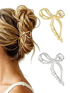 Metallic Bow Hair Clips (2 Pack), Medium Metal Hair Claws, Gold & Silver Alloy Elegant Wavy Claw Hair Clamps Y2K Stylish Hair Accessories for Thick and Thin Hair