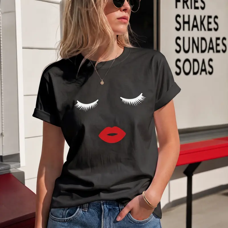Vacation Makeup Shirts Cute Eyelash Red Lips Print Graphic Tees T Shirts Shopping Outdoor Summer Outfit Holiday Birthday Makeup Lover Gift For Women
