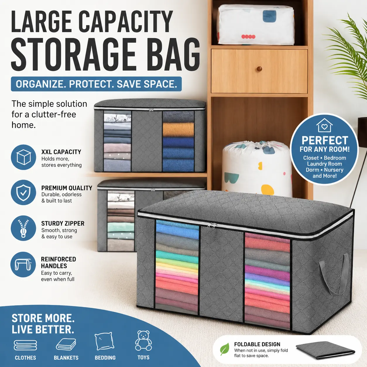 2 clothing and quilt storage bags, sweater and blanket wardrobe storage boxes, with handles, bedroom home storage tools