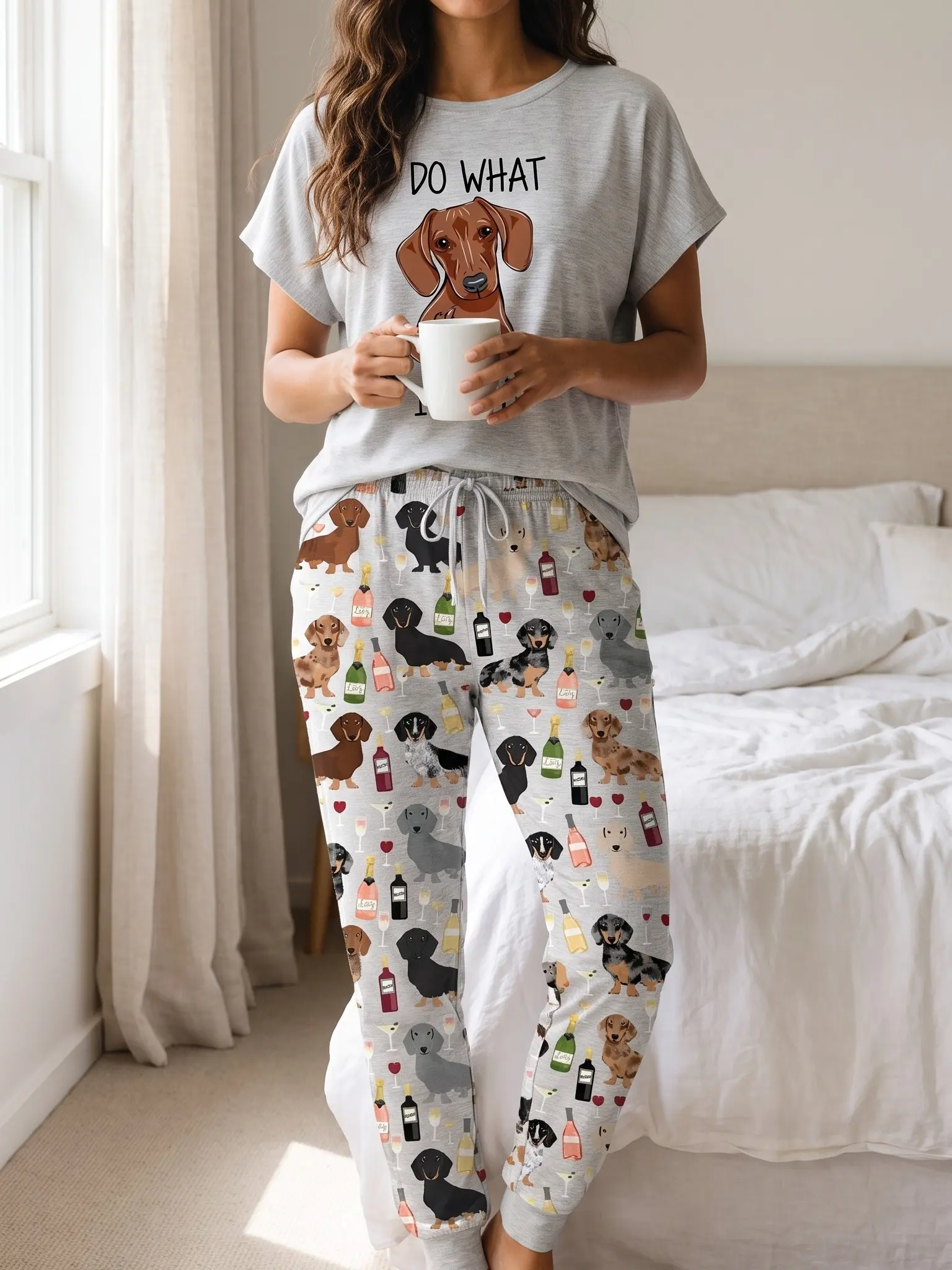Women's Oversized Spandex Graphic Short-Sleeve Tee & Pants Dachshund Wine Print Pajama Set - Doxie Mom Loungewear Sleepwear