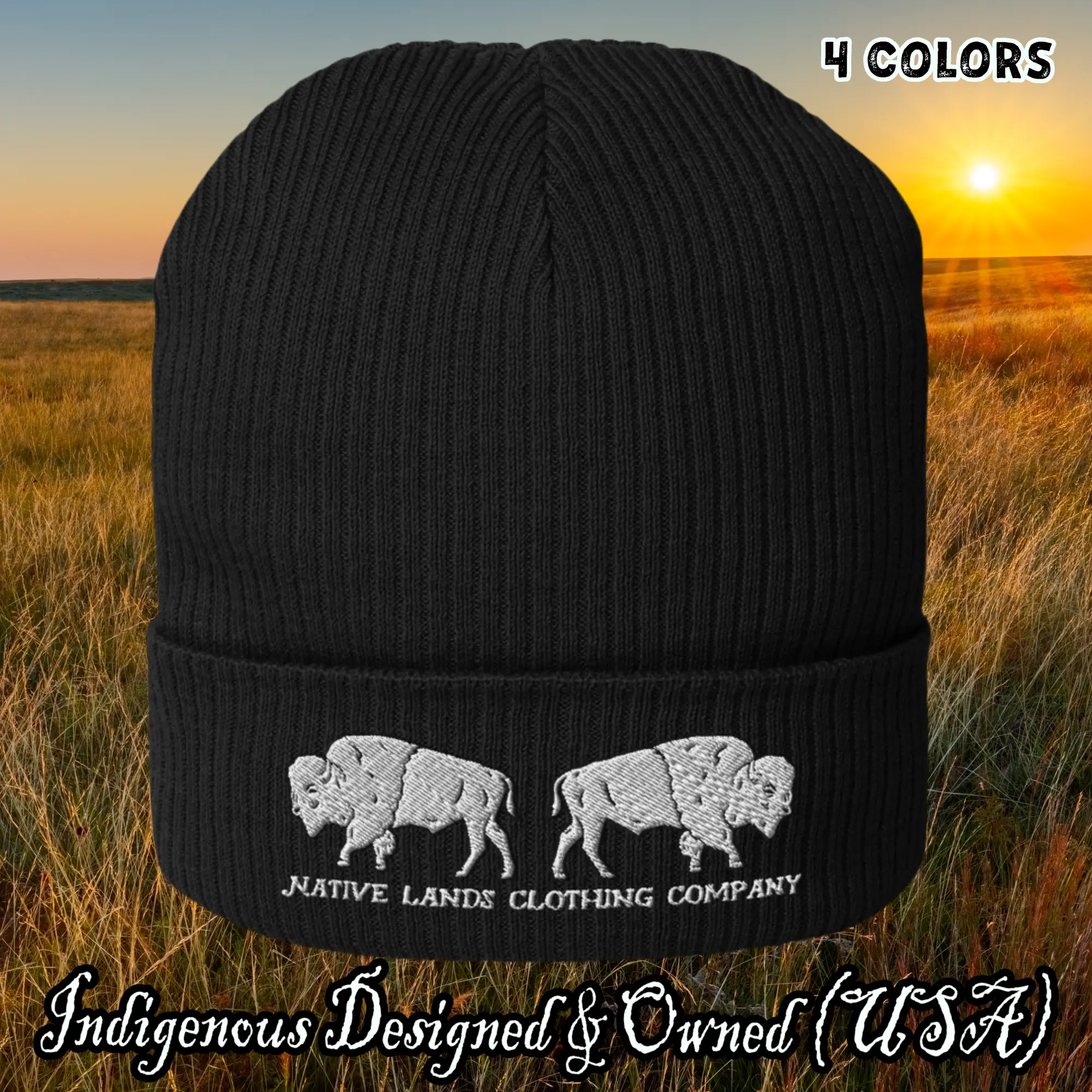 Organic Bisons Embroidered Ribbed Beanie - Honoring First Nations, Inuit, Native American Indigenous Cultures