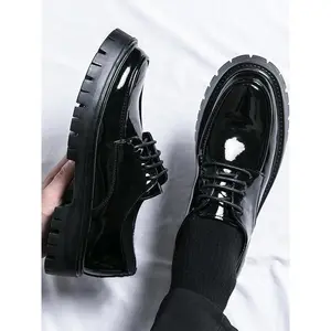Men's Solid Color Lace Up Patent Leather Dress Shoes, Casual Comfortable Thick Sole Shoes for Daily Wear, Classic Business Dress Shoes for Men