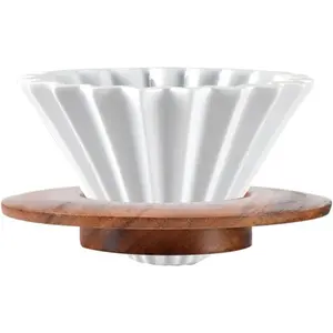 Ceramic Coffee Dripper Pour Over Coffee Maker with Wood Stand Elegant Flower Shape Filter