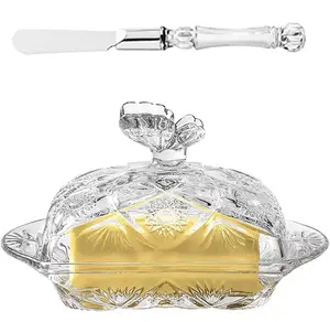 utter Dish with Lid,Glass Butter Dish,Crystal Covered Butter Dish with Stainless Steel Butter Knife,Butterfly Pattern Cheese Box,Dishwasher Safe