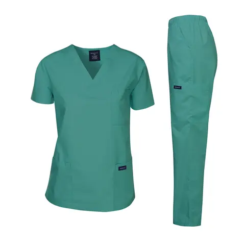 DAGACCI Women's 2-Piece Basic Scrubs Sets for Women, Cotton Blended Classic Fit Clothes with V-Neck Pockets Top & Straight Leg Cargo Pants, Healthcare-Themed Uniforms for Summer Workwear